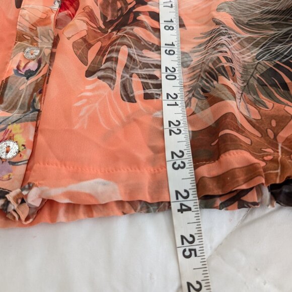 FRANK LYMAN Blouse L Multicolor Floral Sheer Embellished Roll Tab Sleeve Tie - Picture 13 of 14